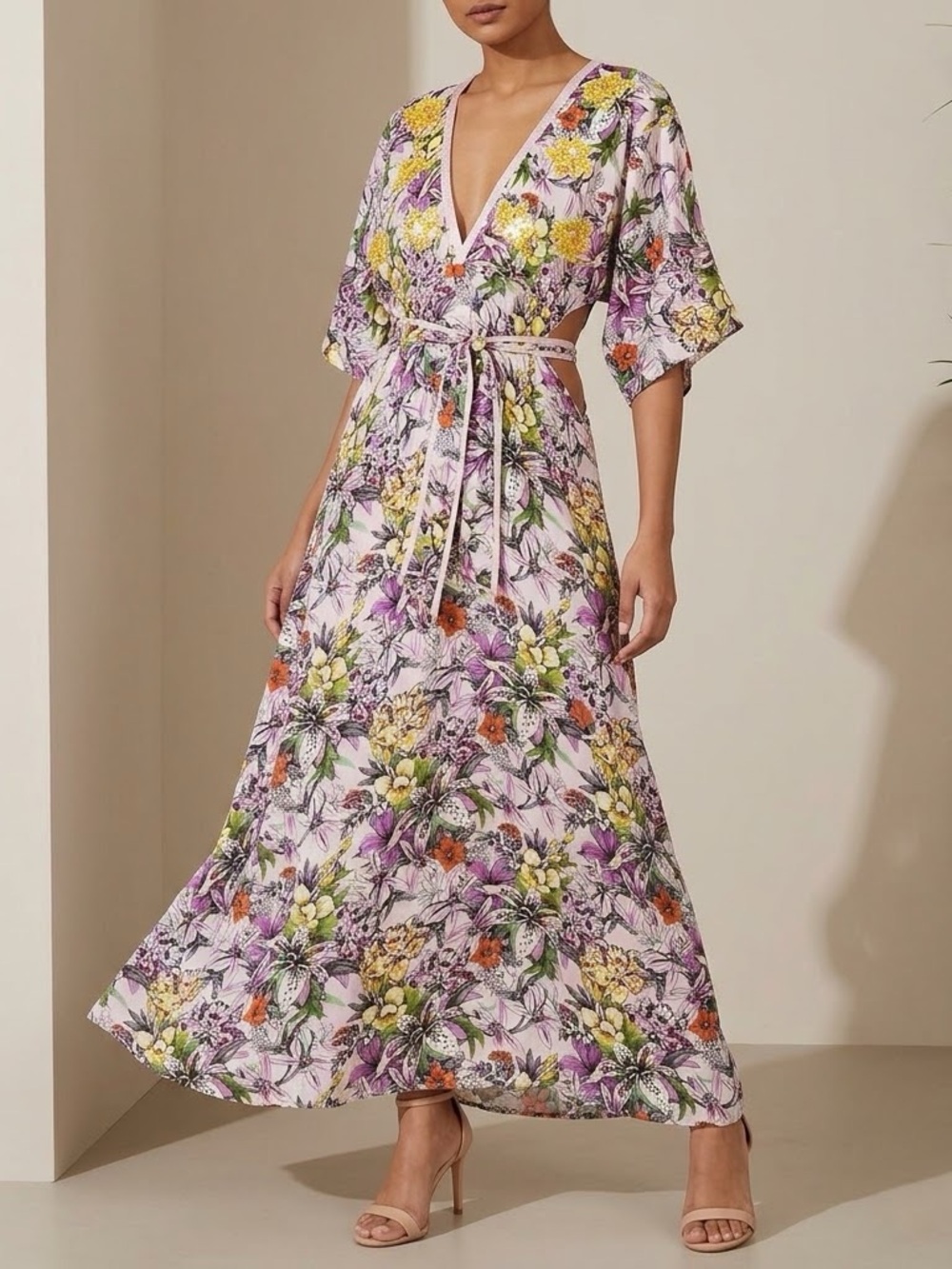 Taj By Sabrina Crippa Floral Maxi Dress Belted V Neck Resortwear Beach Women’s S